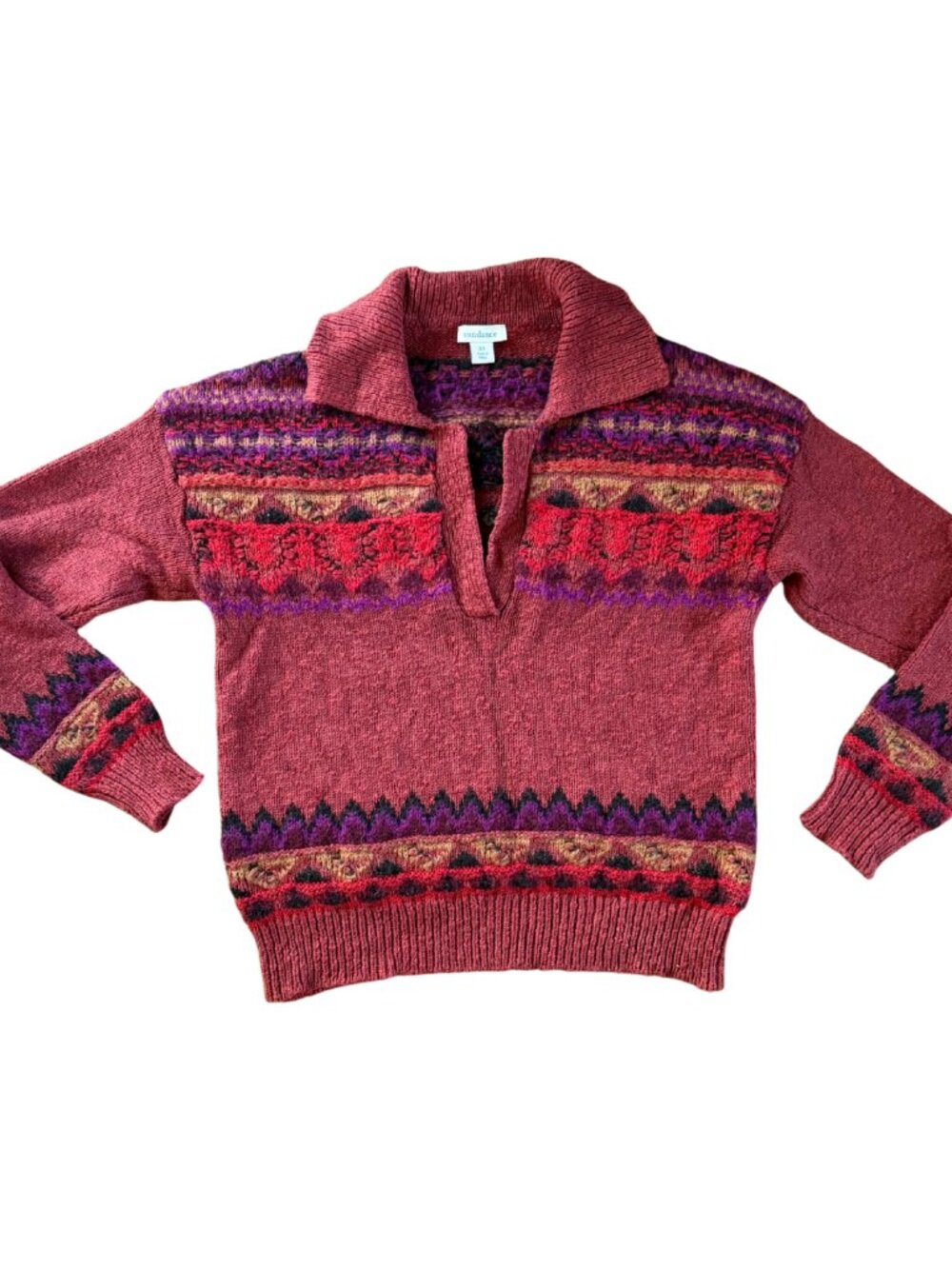 Sundance Cotton Wool Blend Fair Isle Collared Sweater in Red Stripe Size XS